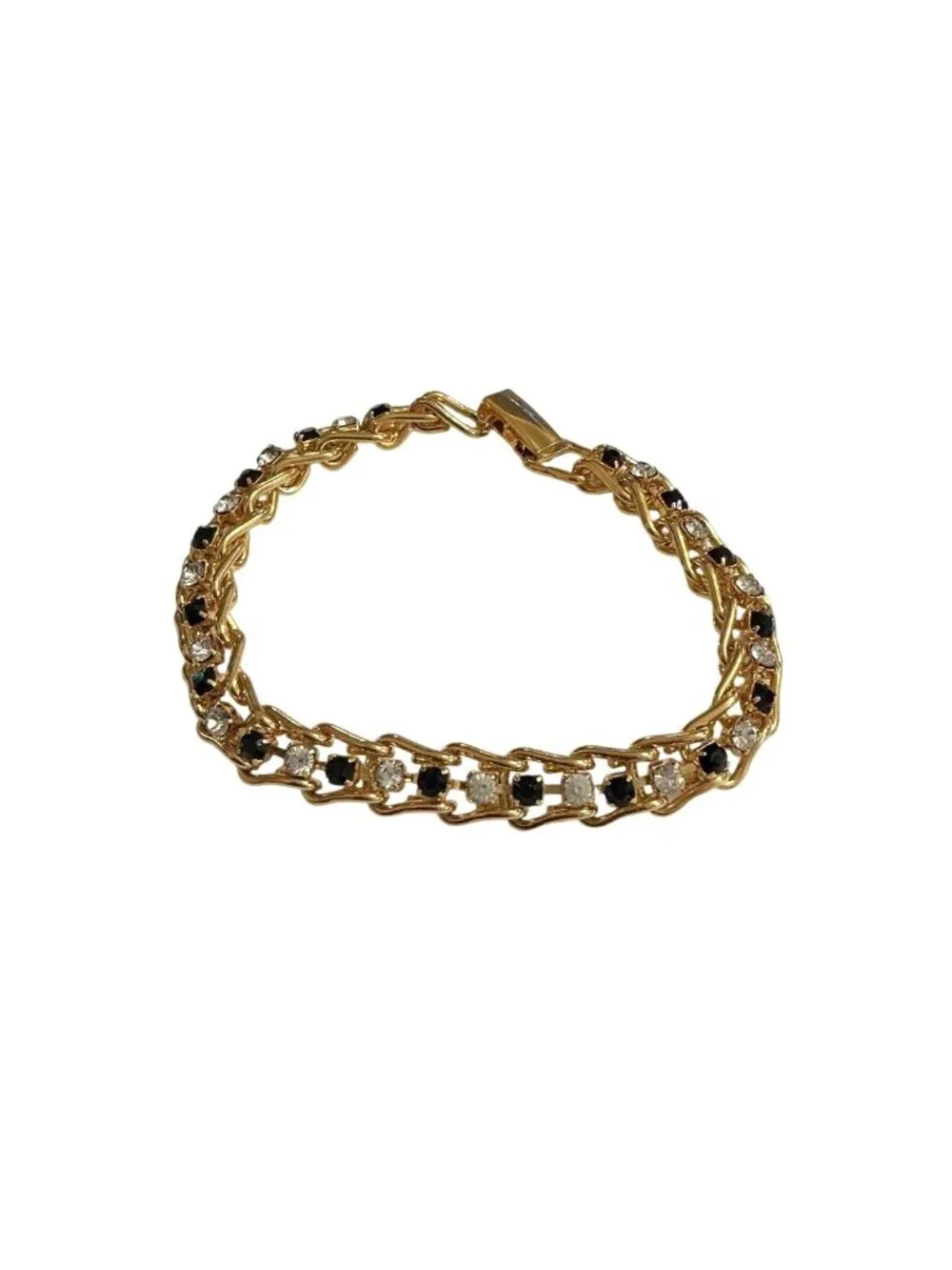 Vintage Gold Tennis Bracelet 7 Inch With Black & Clear Stones Retro Jewelry